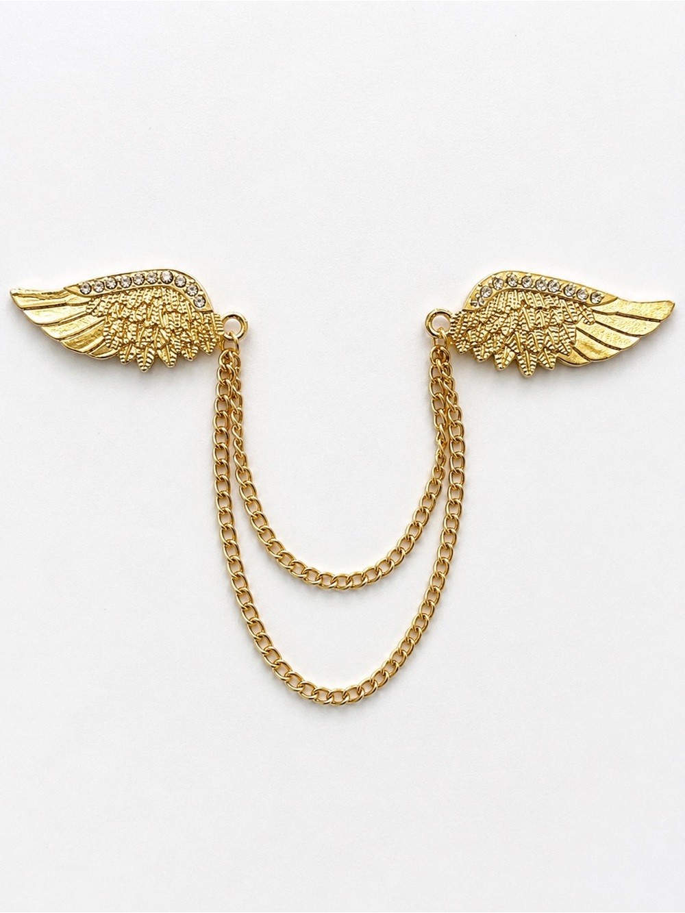 Angel Wing Double Pin Brooch with Draped Chains Gold Tone Rhinestone Lapel Pin